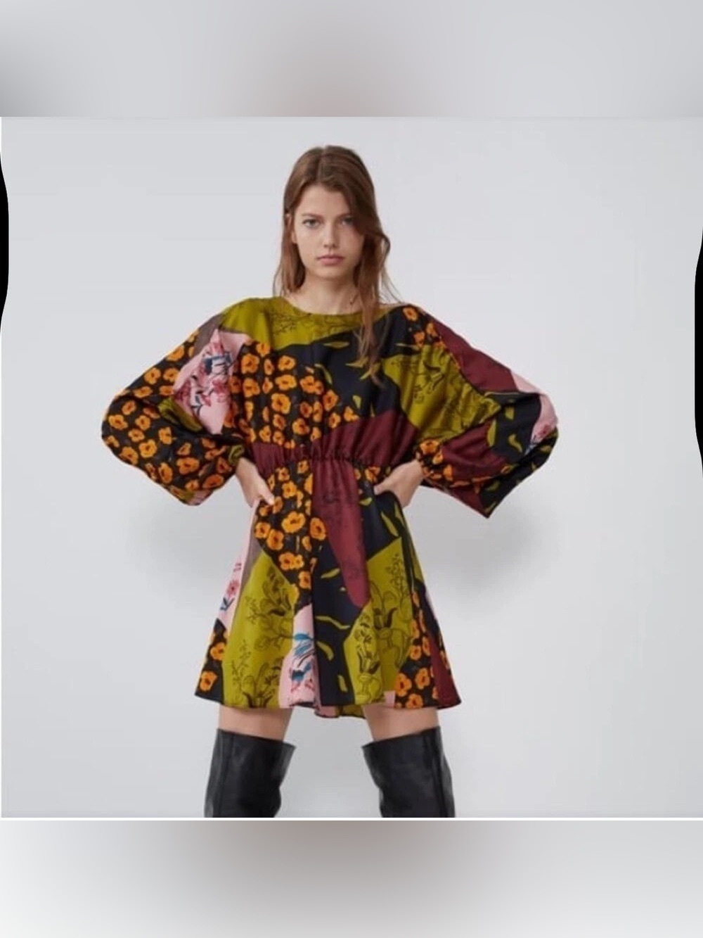Zara Floral Patchwork Mini Dress in Olive & Burgundy XS